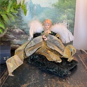 Vtg Porcelain Angel Tree Topper Green Velvet Gold Gown Feather Wings Christmas